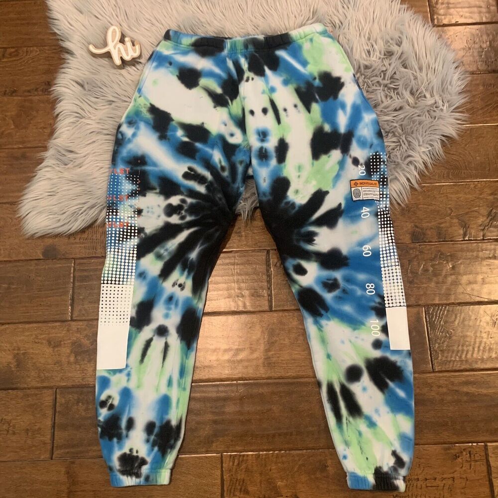 Indvlst Mens Joggers Test Bar Logo Sweatpants Green Blue Tie Dye Size Small